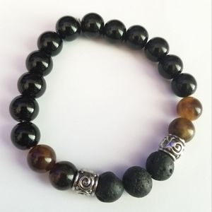 Gemstone beads stretch bracelet black orange lava silver tone